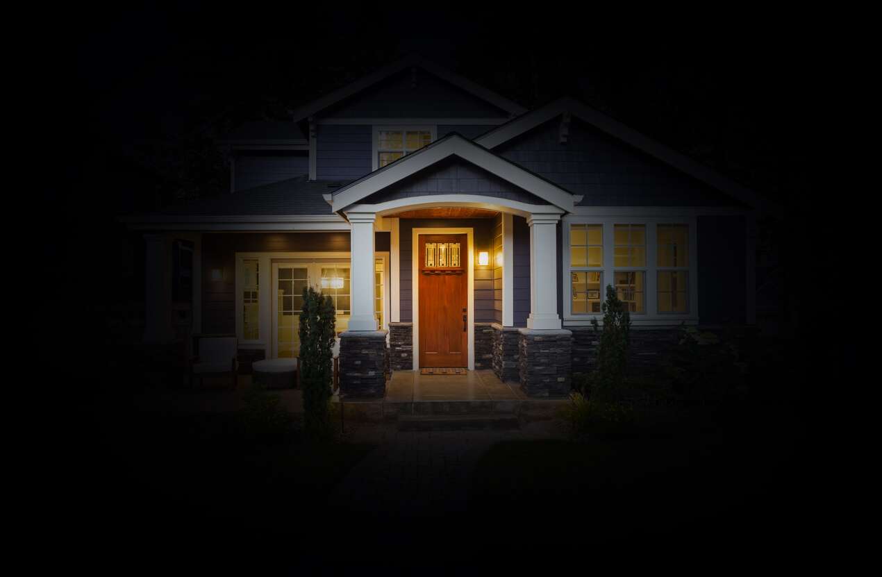 Front of a house at night from the perspective of someone with Usher syndrome. Fifth of five stages.